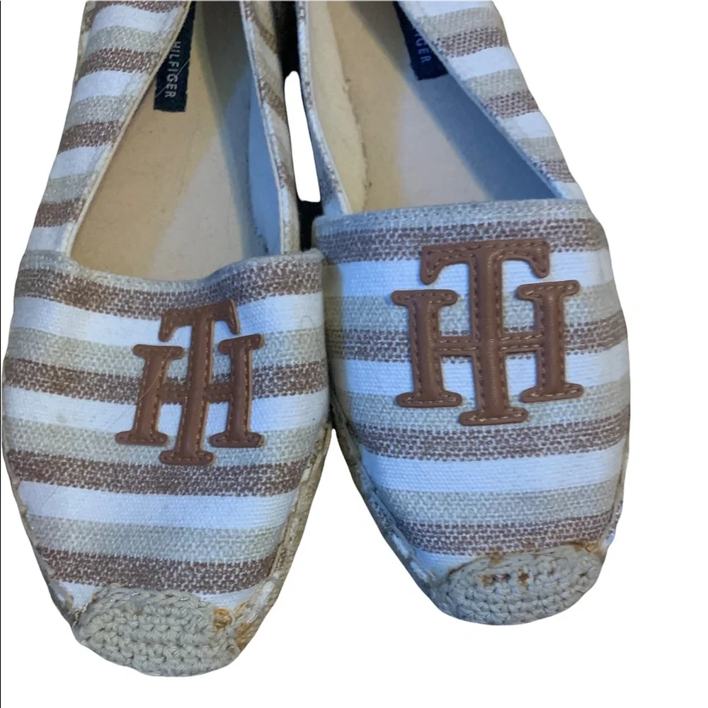 Tommy Hilfiger Tan and White Striped Espadrilles with Logo